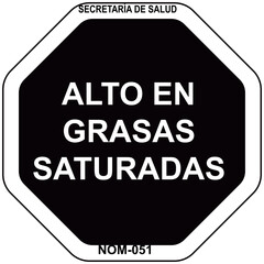 sellos frontales - Alto en Grasas Saturadas - de advertencia octagonales en los empaques de alimentos_sello octogonal - nom 051 - background black white