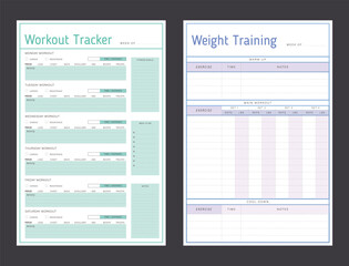 2 set Weight Training  and Food Diary and workout tracker Planner. Plan you food day easily. Vector illustration.