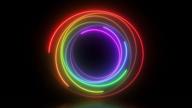 Neon glowing colourful circles on black background. Seamless looping animation