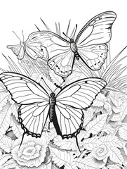 Tropical Plants Coloring Page Outline And Butterflies