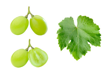 Set of cutout fresh Shine Muscat grape and leaf isolated on transparent background, PNG file.