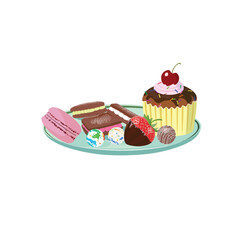 Confectionary on a plate flat vector in color. Cake, pastry, cookie, dipped strawberry illustration.