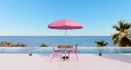 Beach house, hotel, resort, only the dining table and pink chairs look out to the pool, trees close to the sea and sky. Suitable for relaxation. Elegant 3D renderings with sea views.