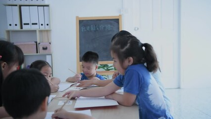(Chinese wording translation: self introduction, fat, over, thick) Educational concept of 4k Resolution. The teacher is teaching children to learn Chinese in the classroom.