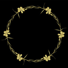 Round floral frame. Wreath of wildflowers. Circular botanical border with blooming branches of wild carnation flower. Golden glossy silhouette on black background.