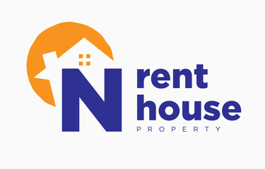 letter N house and sun vector design element for real estate logo or realty exhibition
