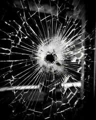 Dramatic bullet hole in glass. Created with Generative AI