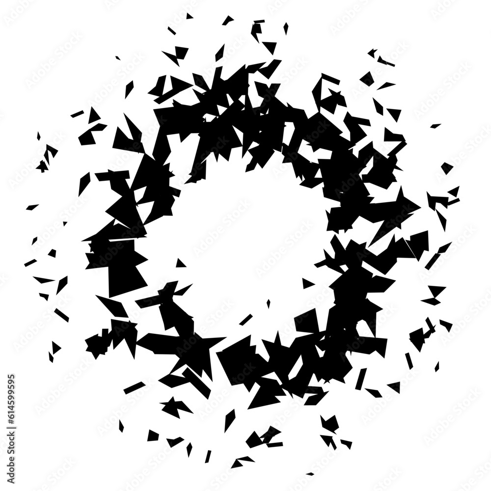 Poster Circle shape debris and shatters. Black broken pieces, specks, speckles and particles. Abstract explosion and burst textured element. Vector frame illustration 