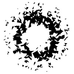 Circle shape debris and shatters. Black broken pieces, specks, speckles and particles. Abstract explosion and burst textured element. Vector frame illustration 