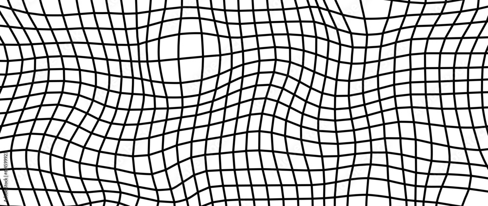 Aufkleber Distorted wireframe background. Abstract wavy checkerboard wallpaper. Warped and curved grid surface pattern. Black and white geometric texture with optical illusion effect. Vector illustration