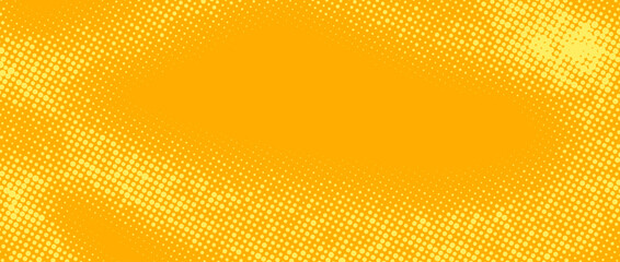 Yellow halftone background. Retro comic grain texture. Pixelated dots cartoon wallpaper. Pop art fading wavy gradient pattern. Vector backdrop.