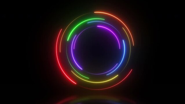 Animated neon lines rainbow circles on black background. Seamless looping