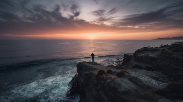 Landscape image of a man standing on a cliff by the ocean at sunset