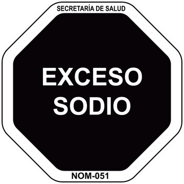 sellos frontales - Exceso Sodio -  de advertencia octagonales en los empaques de alimentos_sello octogonal - nom 051 - fondo negro blanco