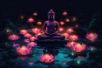 Buddha and lotuses flowers, generative AI