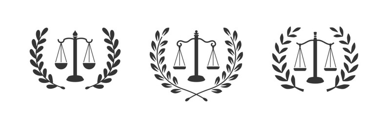 Scales of justice icon vector logo design silhouette with laurel leaves in white background - obrazy, fototapety, plakaty