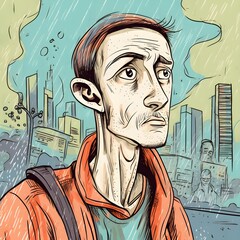 generative ai, illustrator, man, poor man, a man with brown hair, a man in the city, a man in the rain, sad man, a worried man, cartoon style, Digital art, Character design, Portraits, Feminine