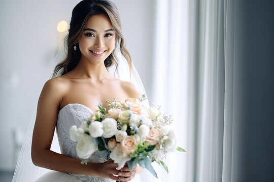 Beautiful Attractive bride wearing wedding dress smile and holding bouquet,Feeling so proud and happiness in wedding day