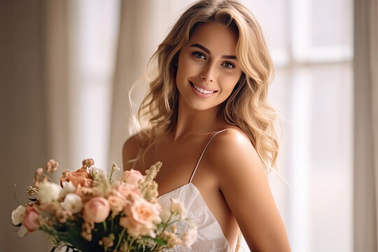 Beautiful Attractive bride wearing wedding dress smile and holding bouquet,Feeling so proud and happiness in wedding day