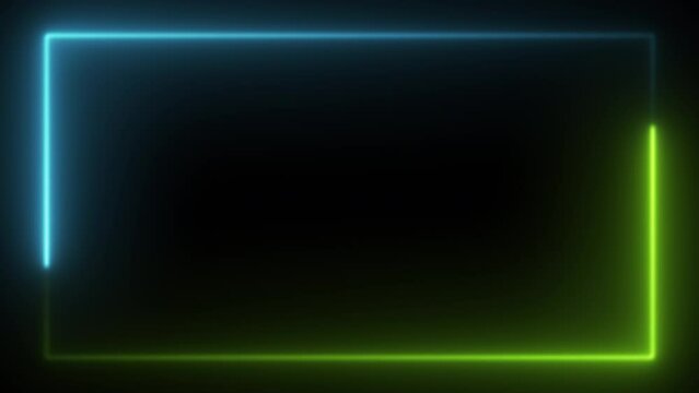 A duo of green and cyan rectangles, neon color hues flowing counterclockwise, creating a catchy frame over the dark background. Seamless vaporwave animation.
