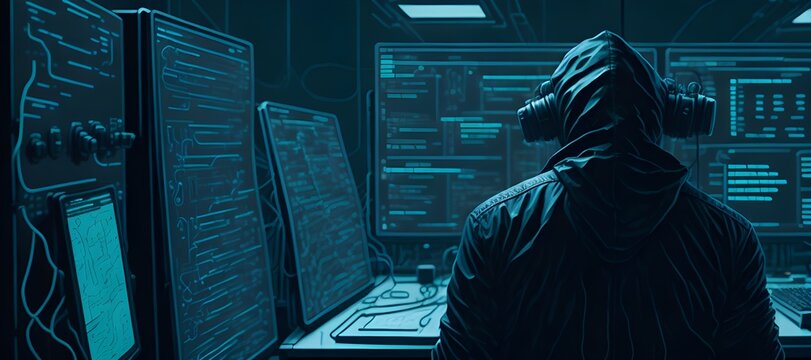 Team of Internationally Wanted Teenage Hackers Infect Servers and Infrastructure with Ransomware. Their Hideout is Dark, Neon Lit and Has Multiple displays. Generative AI illustration