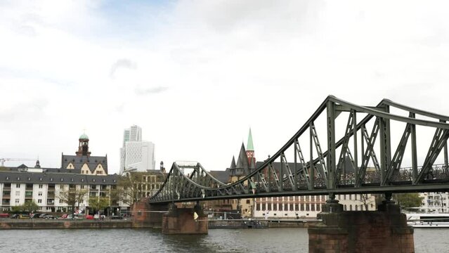 Eiserner Steg Bridge Crossing River Main In Frankfurt. Static Shot