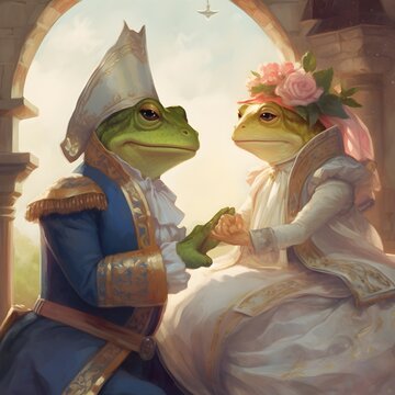 Generative AI, Prince and princess, Toad, couple , Fairy tale, Bedtime story, Humanoid, Kingdom, ugly person, ugly character, scary person, scary character, prince toad with  princess toad, Transforma