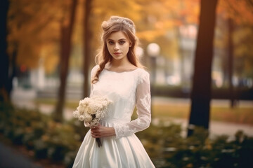 Fototapeta na wymiar Young bride in wedding dress walking in a park. White luxury gown fashion for woman. The bride walks in the park