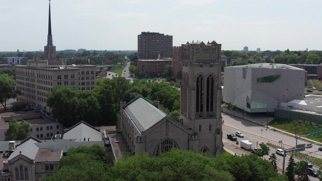 Wide aerial panning shot of Saint Mark's Episcopal Cathedral in Minneapolis, Minnesota. 4K