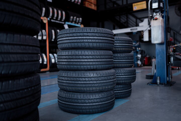 New wheels tire storage rack in the car service warehouse shop prepared for new change costumer...
