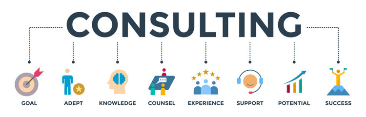 Fototapeta na wymiar Consulting banner web icon vector illustration concept for business consultation with an icon of goals, adept, knowledge, counsel, experience, support, potential, and success