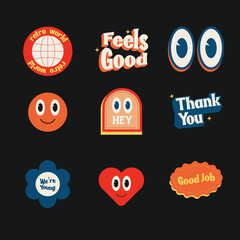 Set of shapes Collection of trendy retro sticker cartoon shapes. Cute comic character art and thank you lettering patch bundle on black background.