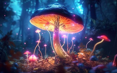 Fototapeta na wymiar Light glow of mushroom in the forest.
