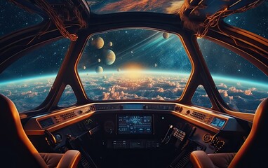 Looking out of a 1970s sci-fi style space ship with planets and stars in the distance - obrazy, fototapety, plakaty