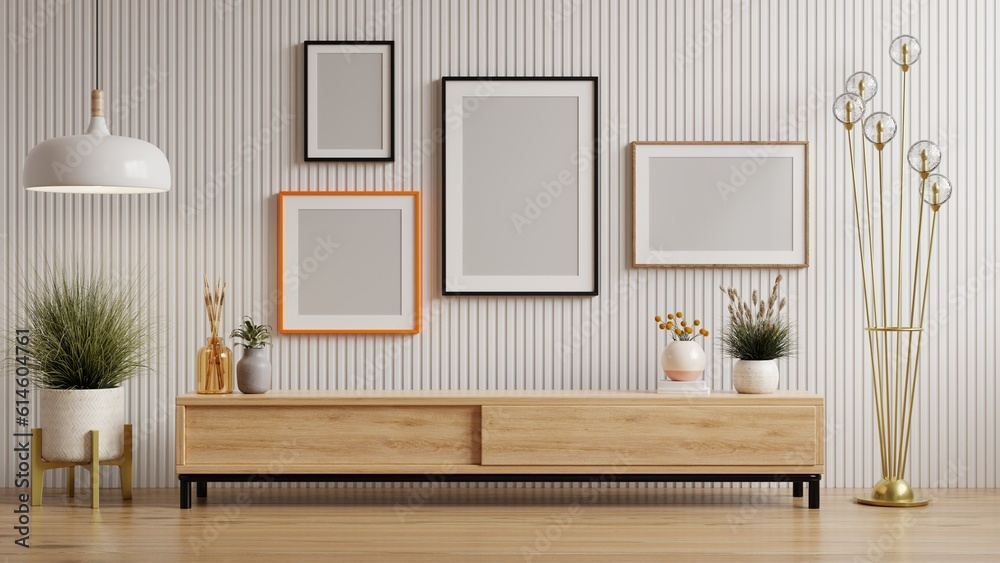 Wall mural Mockup photo frame wooden slat white wall mounted on the wooden cabinet.