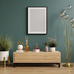 Mockup photo frame wooden slat green wall mounted on the wooden cabinet.