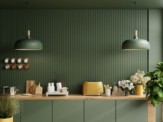 Green kitchen room and minimalist interior design on mockup wood slat wall. - 614604760