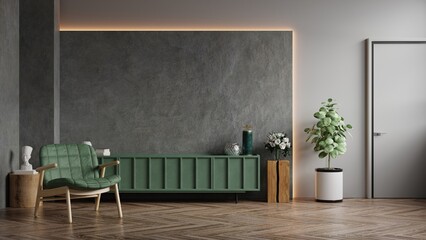 Green cabinet TV in modern living room with armchair and plant on concrete wall background.