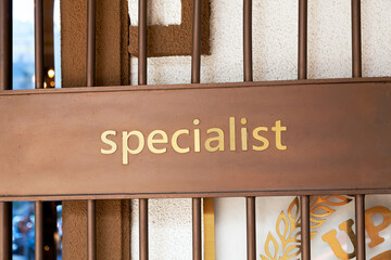 Word Specialist made of golden letters on a bronze door plaque. Metal information sign at an expert office entrance