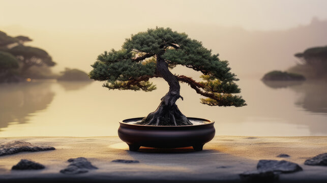 juniper bonsai pot in the garden, created with AI tools