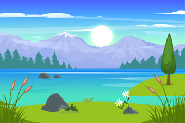 Flat design lake scenery and mountain landscape background