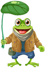 Cute green frog holding leaves