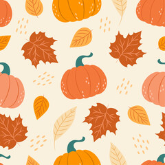 Autumn cozy seamless pattern with pumpkins and leaves. Vector illustration