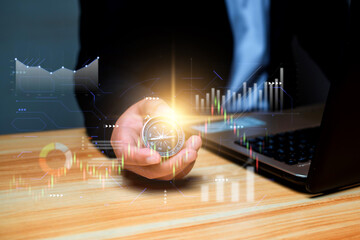 Business navigate Reinvent and Recover business growth in the economic crisis, Business man hold a compass with growing graph, financial and business developmet concept.
