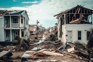 Collapsed Walls of Houses and Damaged Roofs Due to the Strongest Storm and Hurricane extreme closeup. Generative AI