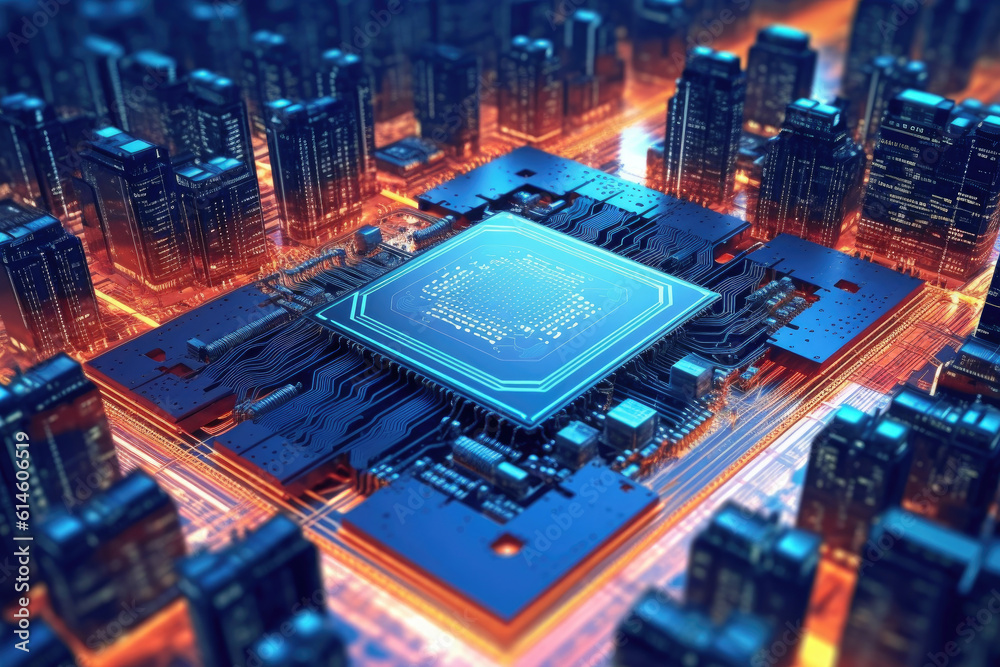 Aufkleber Computer Motherboard With a CPU Processor in the Shape of an Abstract Digital City extreme closeup. Generative AI