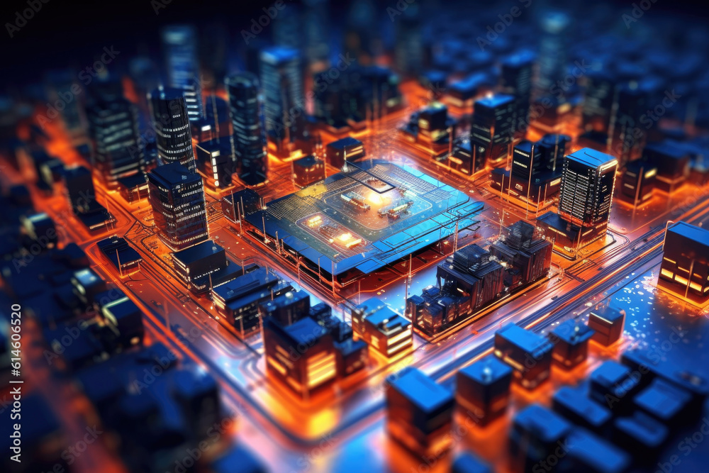 Poster Computer Motherboard With a CPU Processor in the Shape of an Abstract Digital City extreme closeup. Generative AI