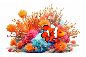 Clown Fish and Coral Beautiful Sea Flowers on a white background. Generative AI
