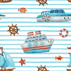 Striped seamless pattern with sailboat, liner ship and speed yacht. Hand drawn illustration.