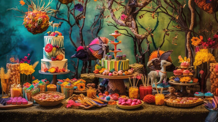 Fototapeta premium Array of Colorful Sweet Desserts in a Dessert Buffet extreme closeup. Generative AI